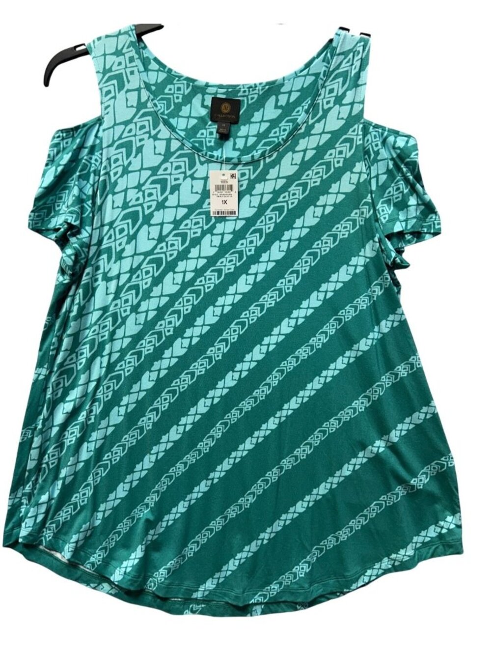 JM Collection Womens 1X Amalfi Blue Cold-Shoulder Top With Diagonal Print